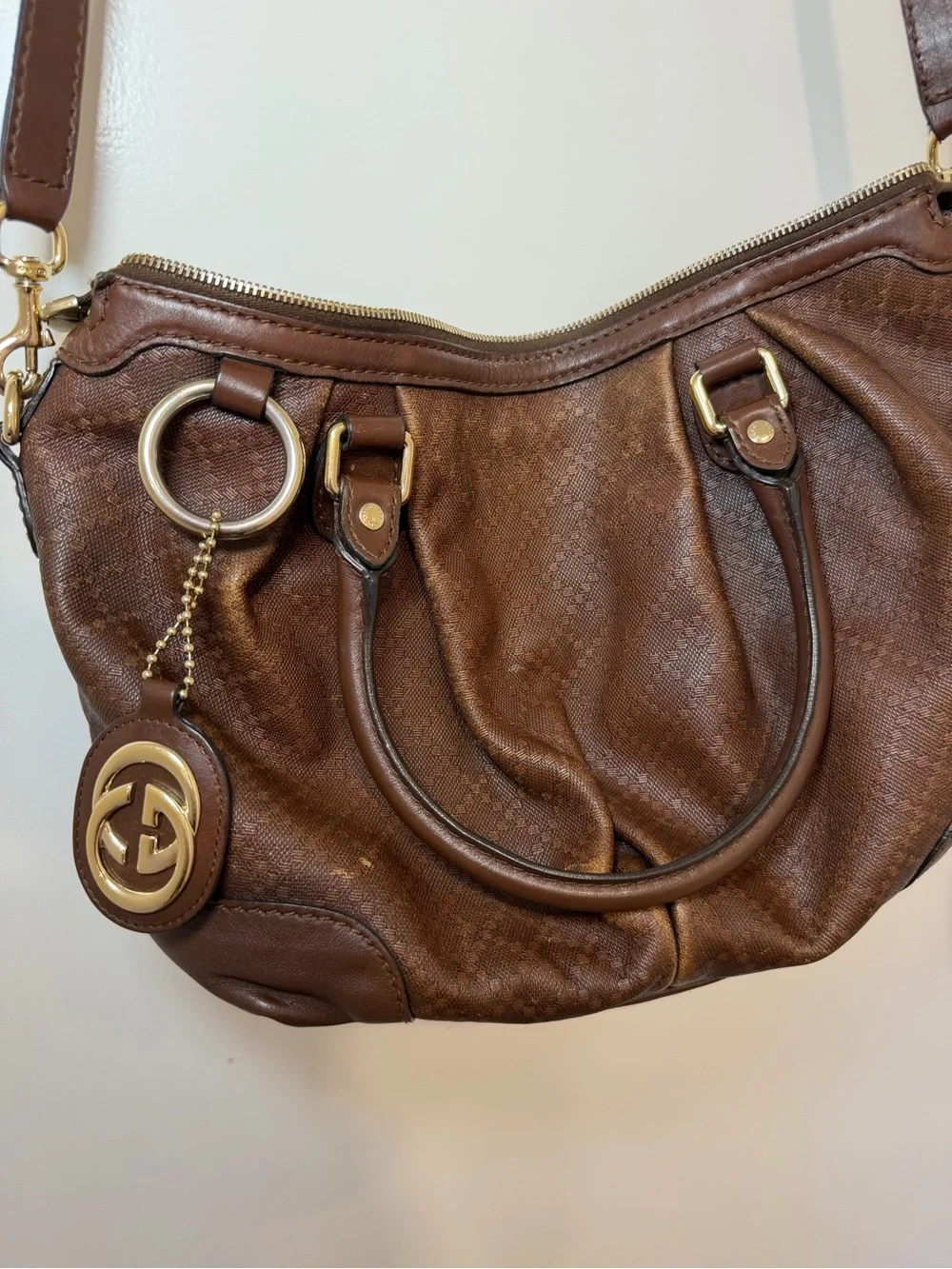 Gucci Sukey Medium Diamante Leather Satchel Brown Shoulder Crossbody Bag